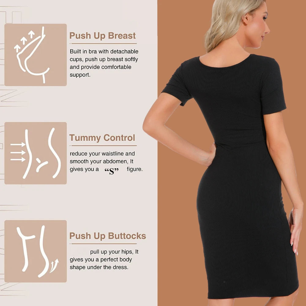 Shapewear Jurken Vrouwen Full Body Shaper Control Slips Gebouwd In Shapewear Bh In 1 Sexy Meisje Shaper Jurk Met Korte Mouwen