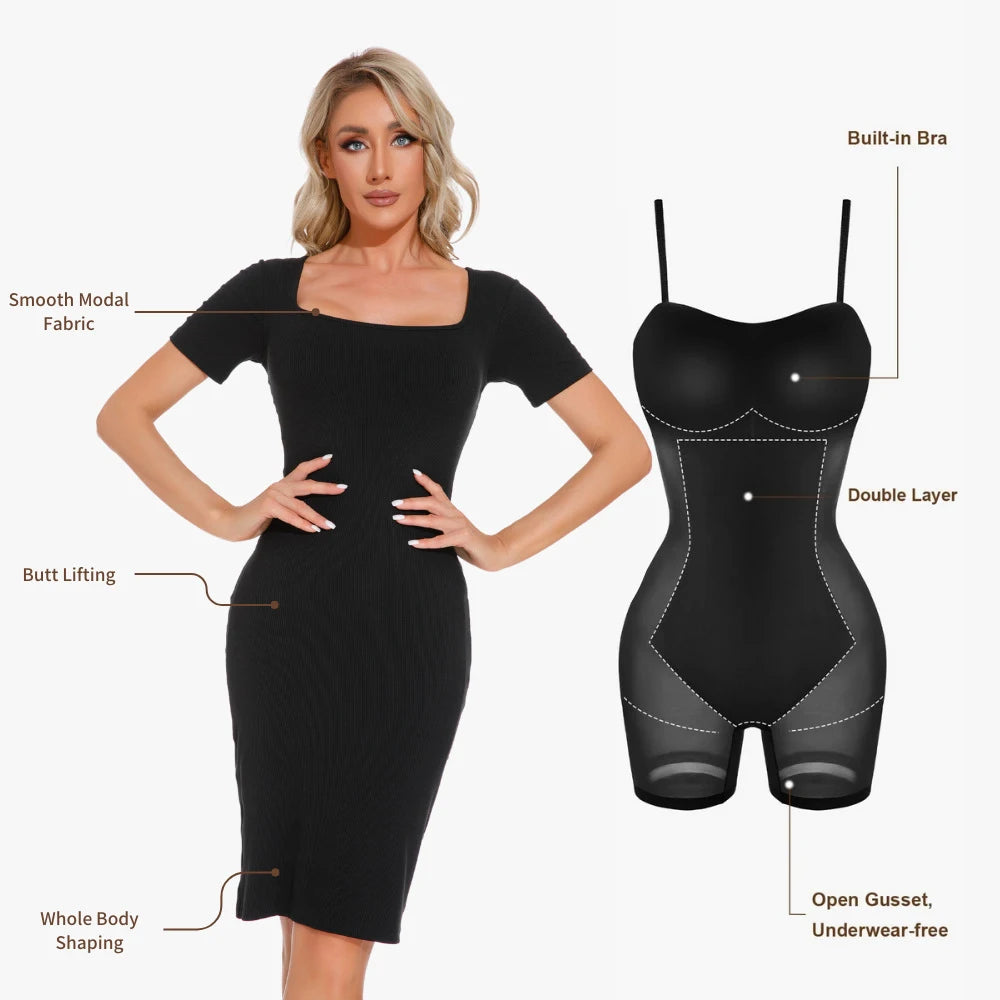 Shapewear Jurken Vrouwen Full Body Shaper Control Slips Gebouwd In Shapewear Bh In 1 Sexy Meisje Shaper Jurk Met Korte Mouwen